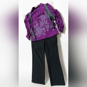 Girls Camilla Pant Set - Purple Top with Black Pinstripe Pants Size 11/12